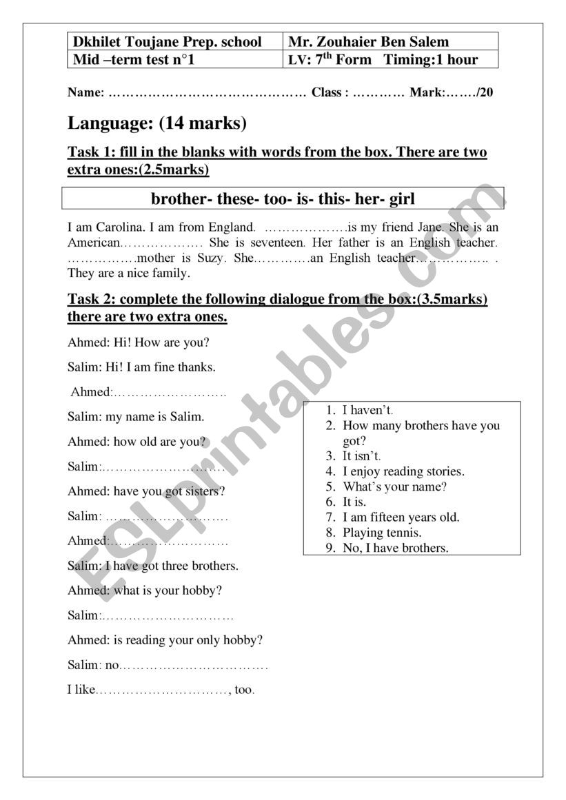 7th form mid term test 1 worksheet