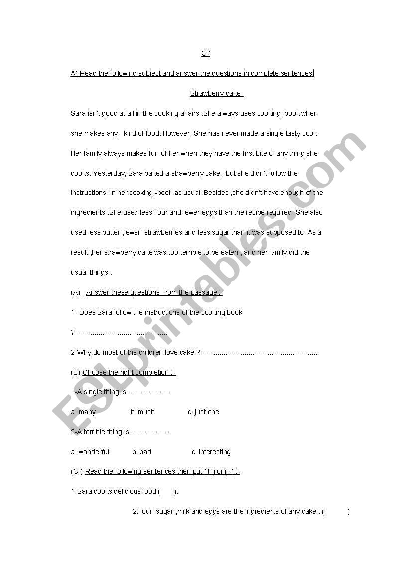 strawbery cake worksheet