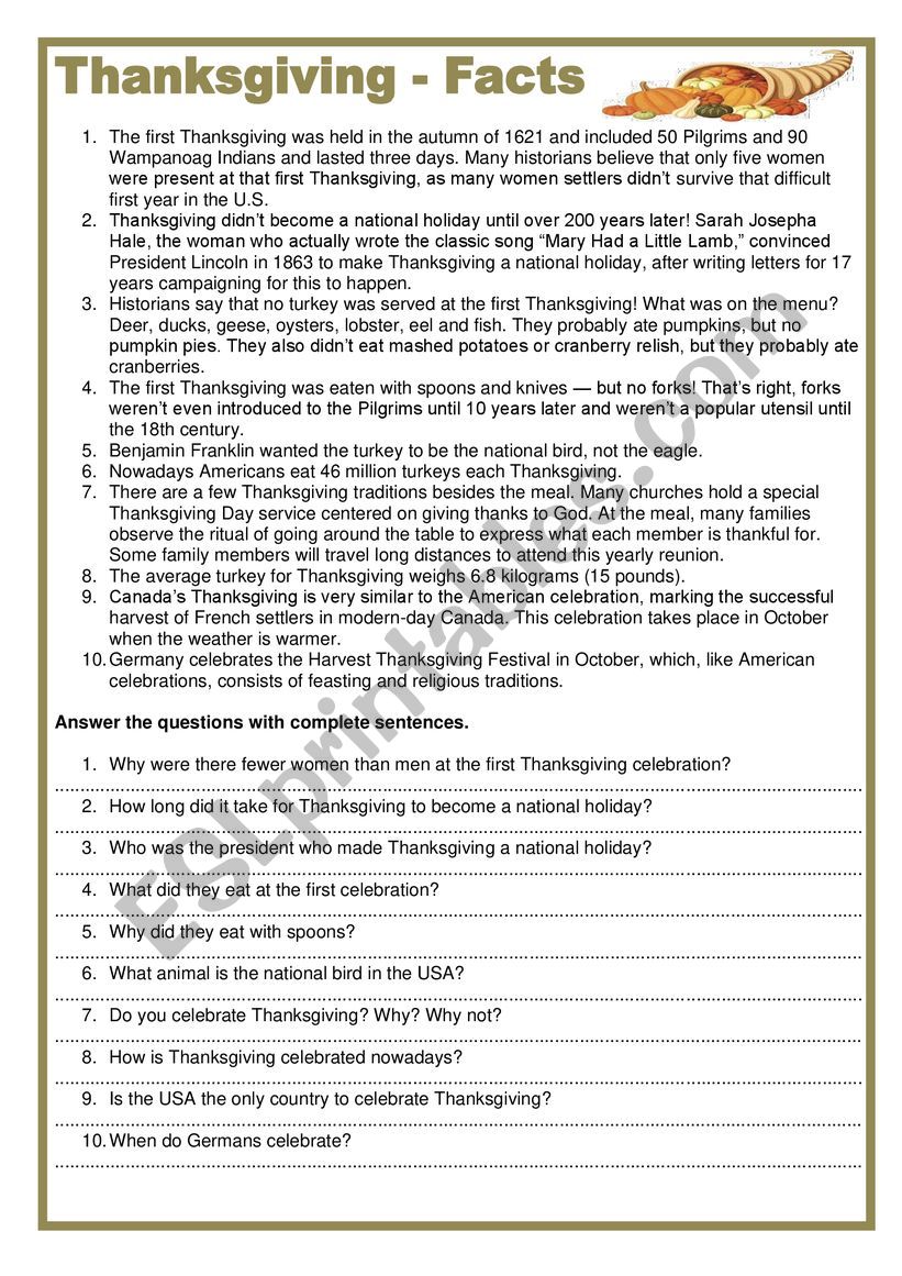 Thanksgiving  - Facts worksheet