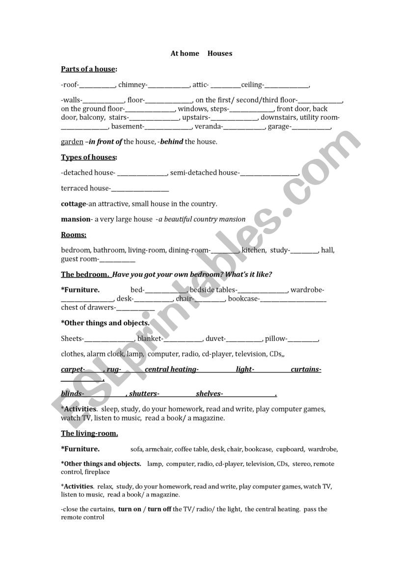 houses worksheet