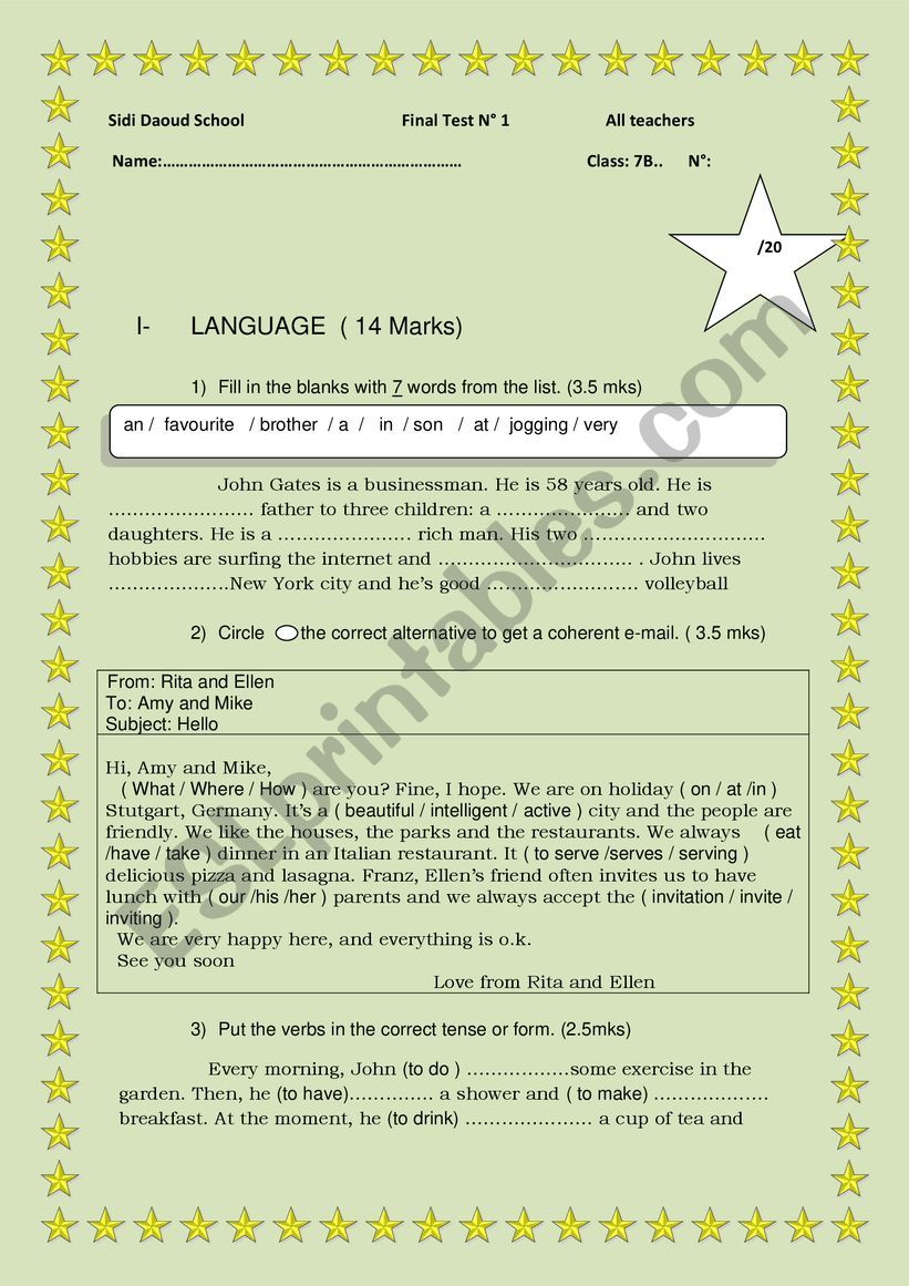 7th Form Final Test 1 worksheet