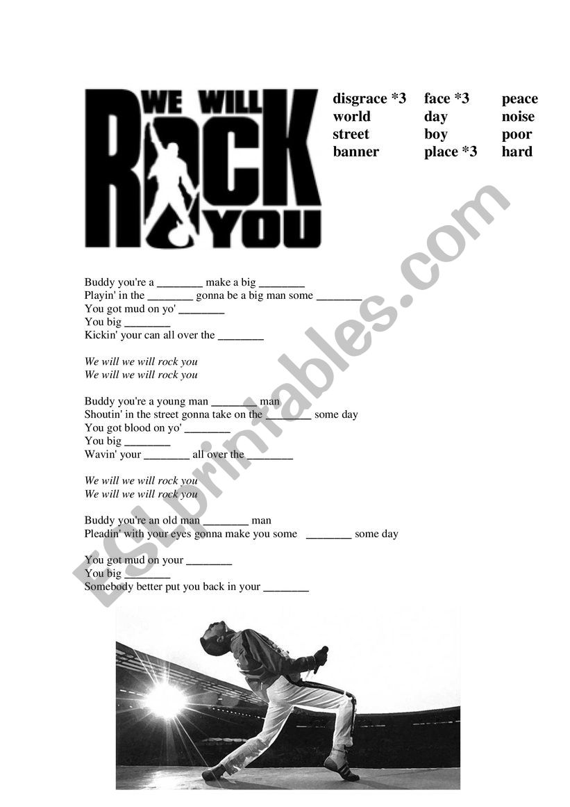 Queen We will rock you song worksheet