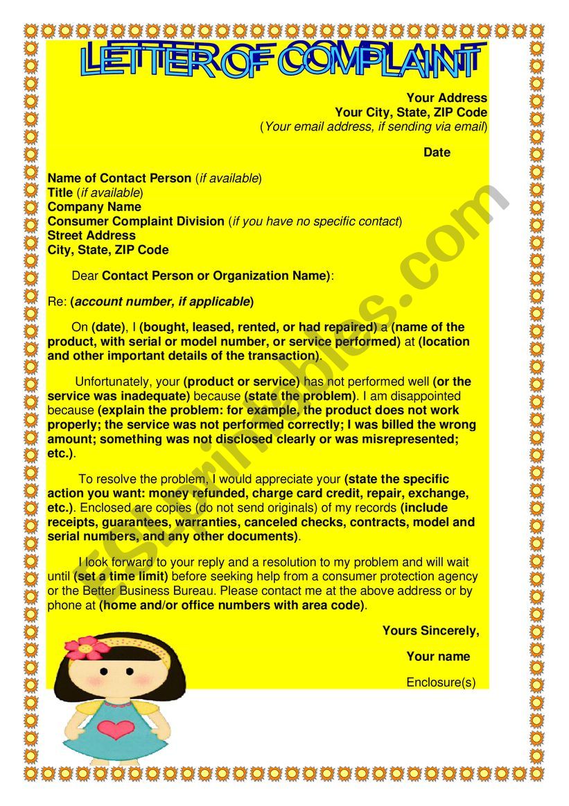 COMPLAINT LETTER worksheet