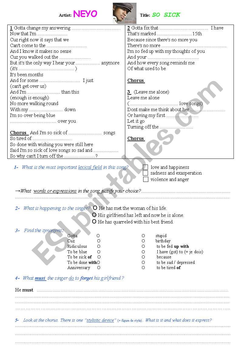 Neyo - So Sick worksheet