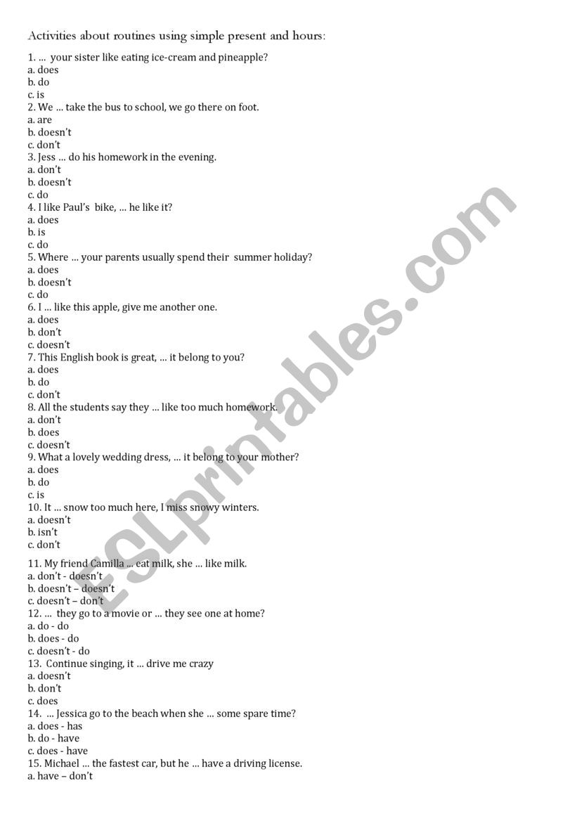 Activities about routines using simple present and hours