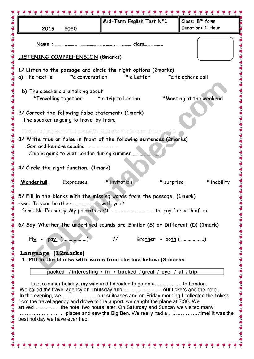 MID TERM ENGLISH TEST N 1 worksheet