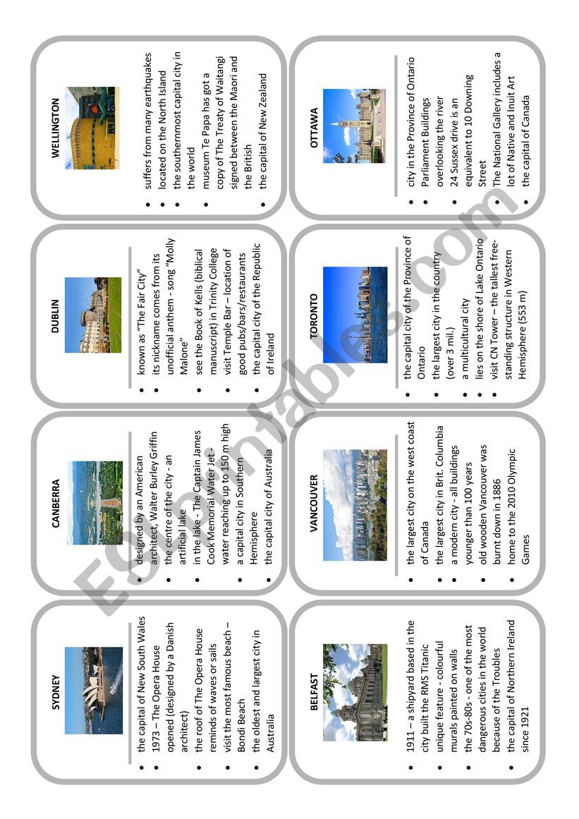 Cities in English speaking countries - other - card game