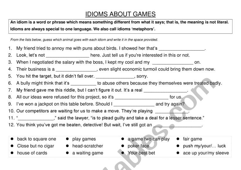 Games and Riddles Idioms worksheet