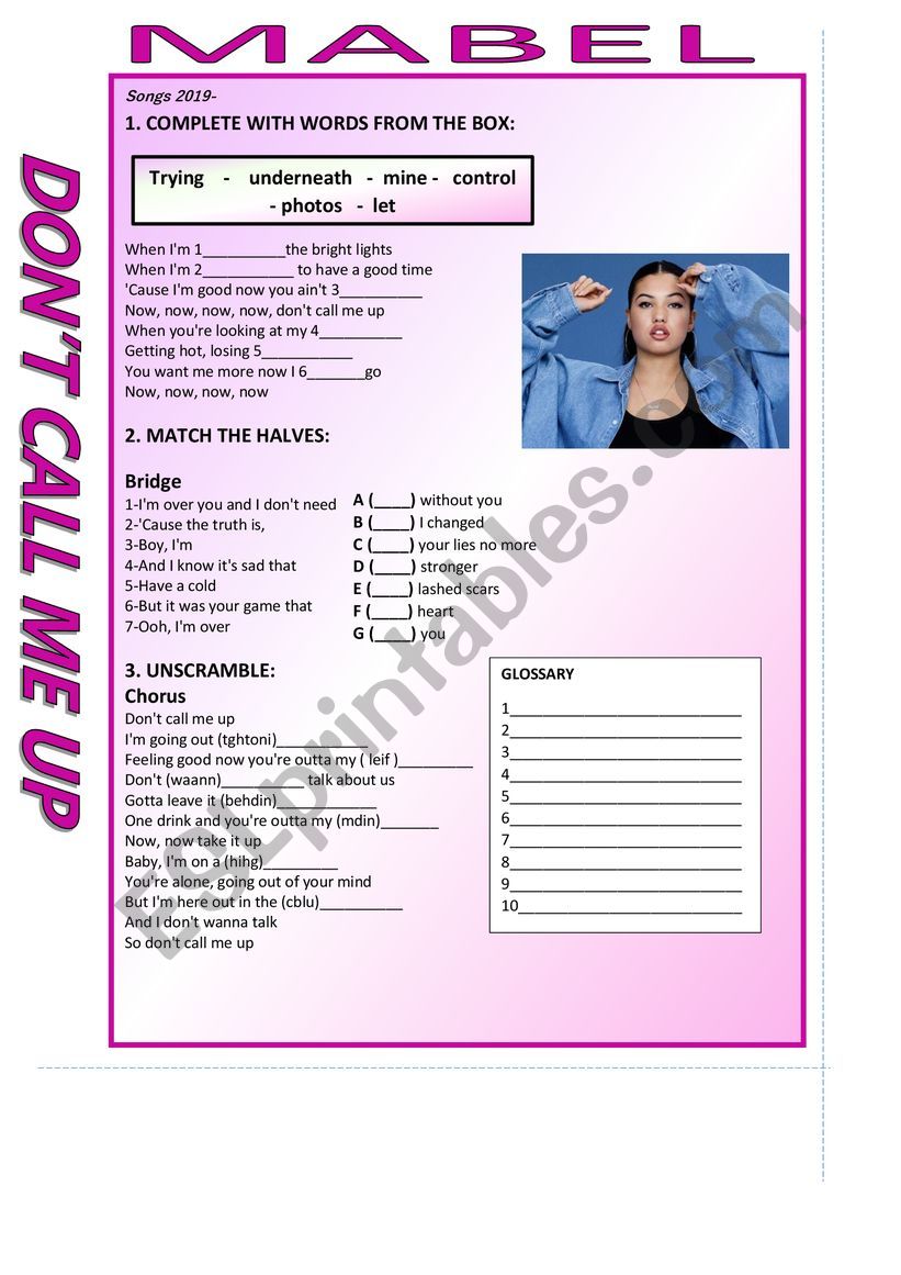 Mabel - Dont call me up worksheet