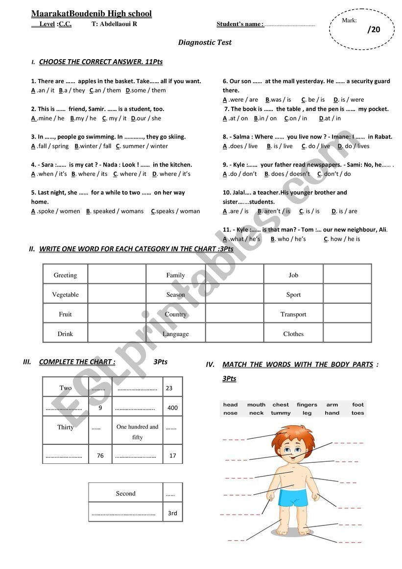 diagnostic test worksheet