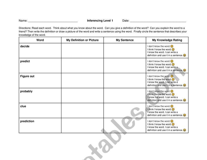 Inferencing Vocabulary levels 1-6 (3rd-8th grade)