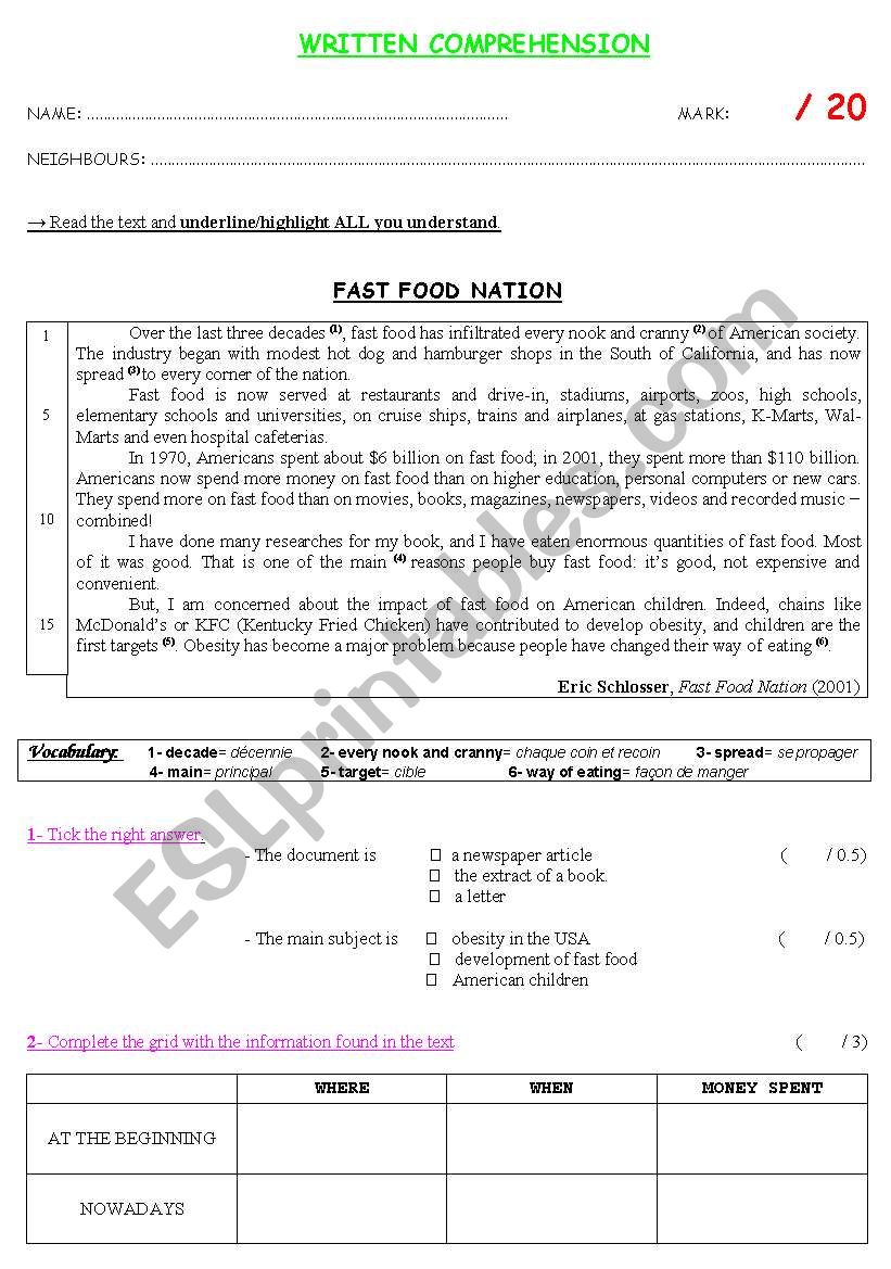 fast food nation test worksheet