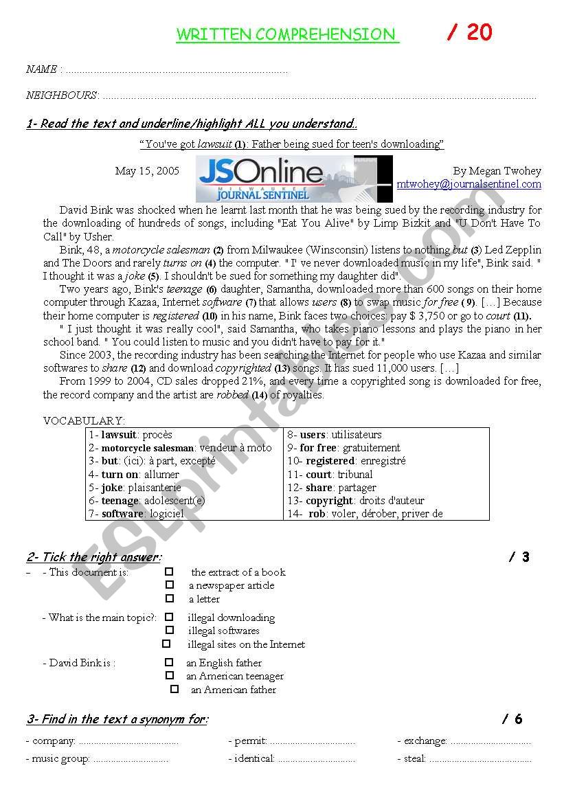 illegal downloading test worksheet