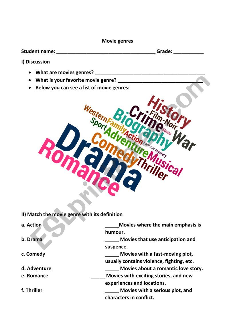 Movie genre worksheet