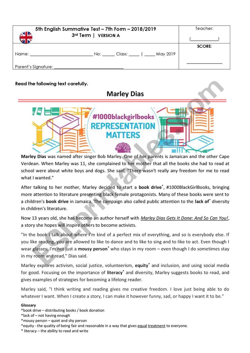 7th form written test worksheet