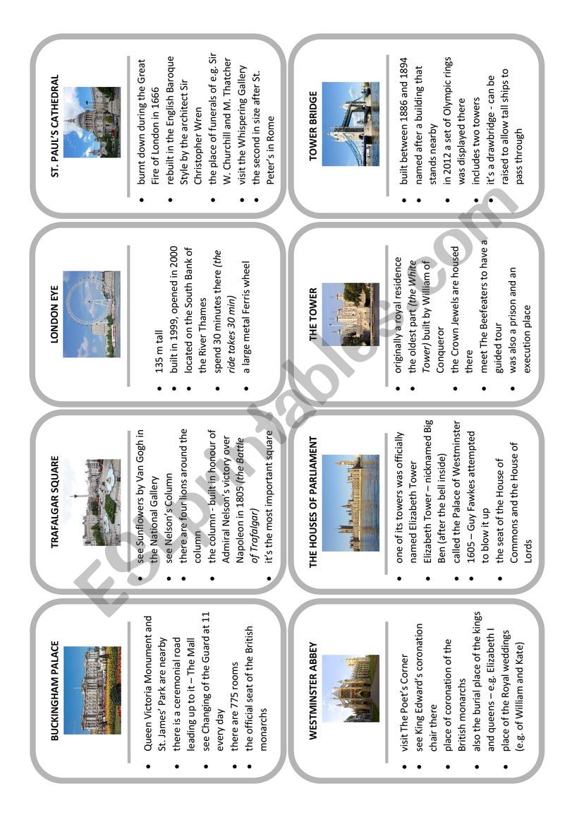 London sights - card game worksheet