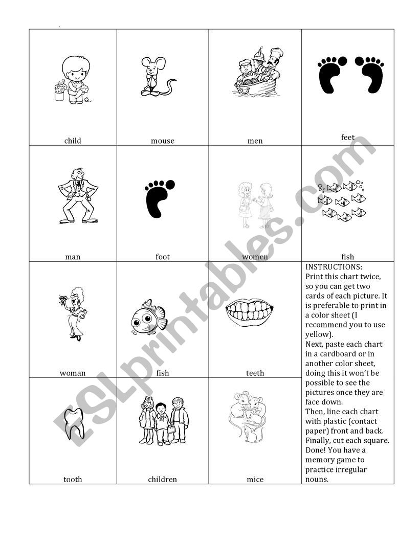 Memory game/irregular nouns worksheet