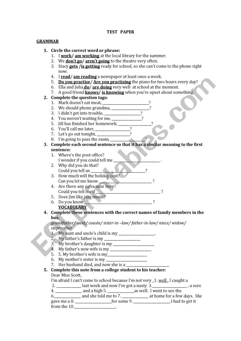 grammar and vocabulary test worksheet