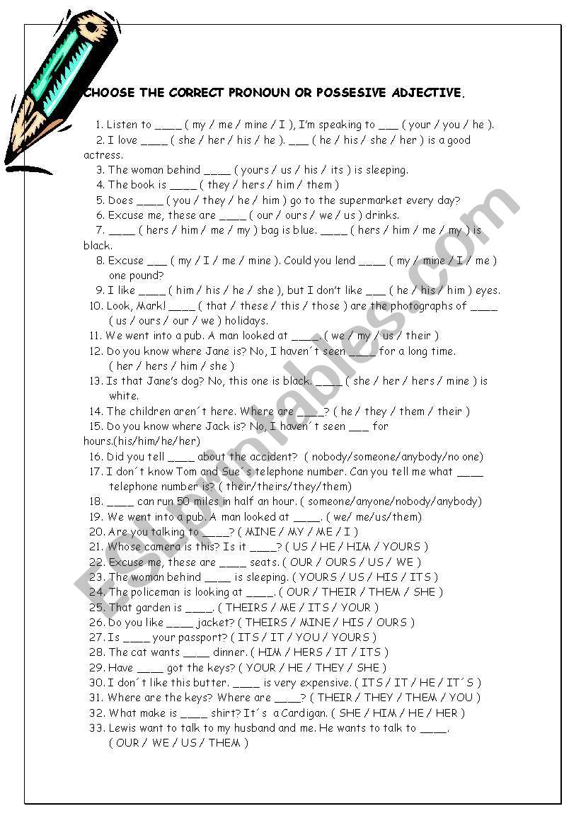 pronoun multiple choice worksheet