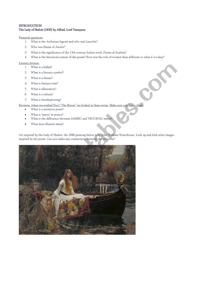 Introduction worksheet: The Lady of Shalott
