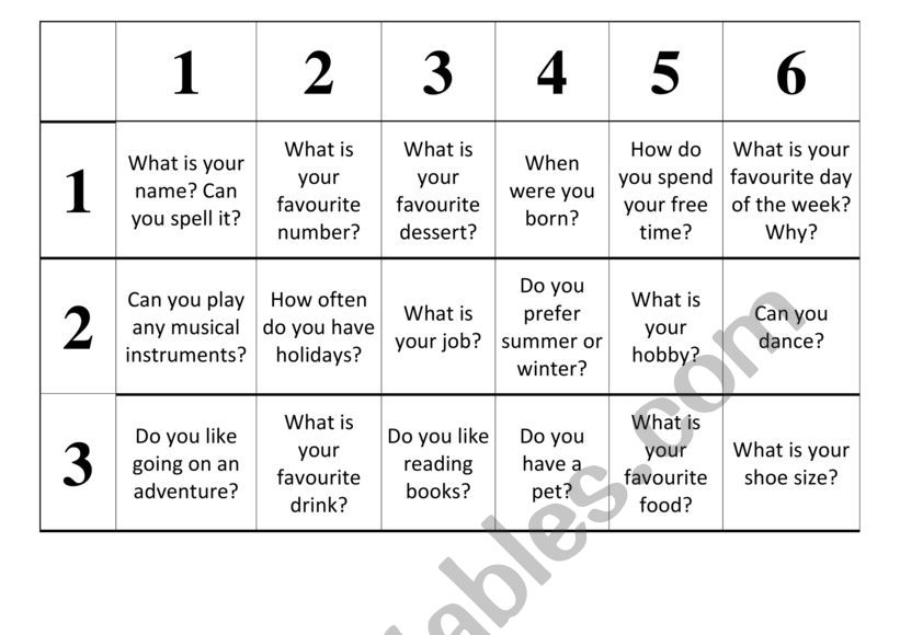  Conversation Starter Questions, 6X6 grid