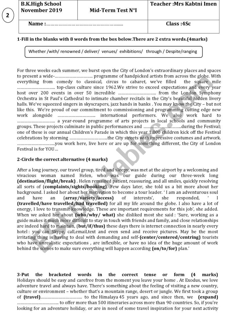 Mid term test 1 Bac Sc worksheet