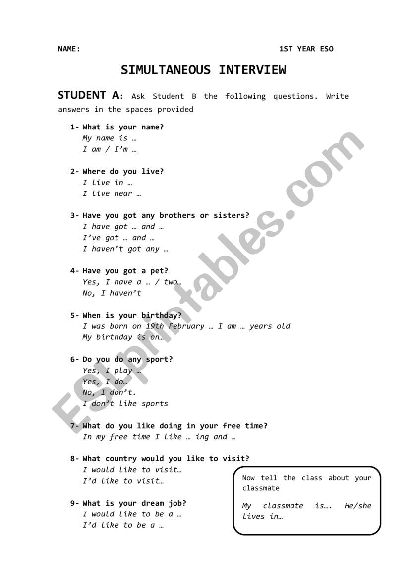 SIMULTANEOUS INTERVIEW worksheet