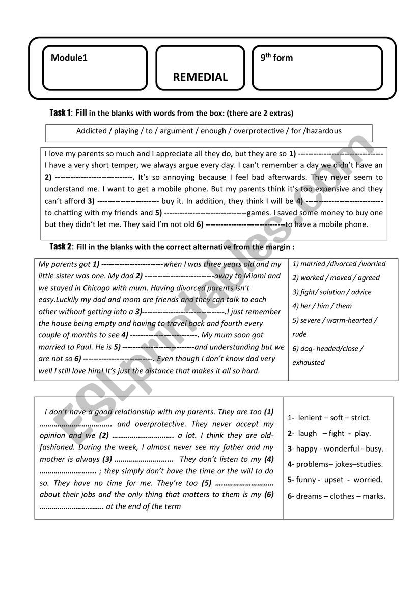 module1 family 9th form worksheet