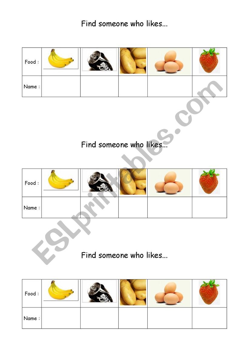 Food - find someone who likes worksheet