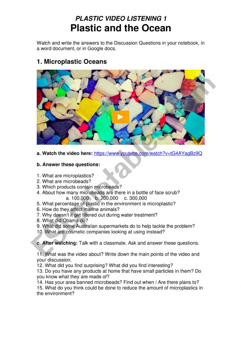 Plastic Pollution 1 - Plastic and The Ocean - Microplastics, Microbeads with Online Quiz Links