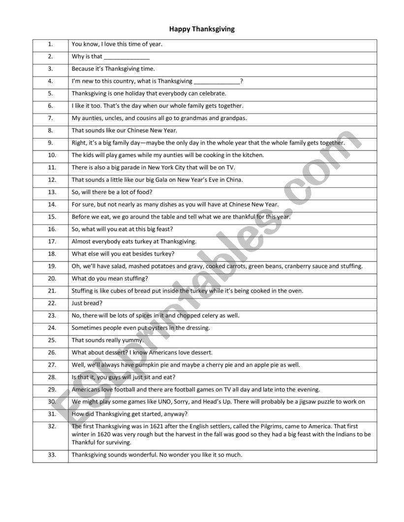 Thanksgiving Dialogue worksheet