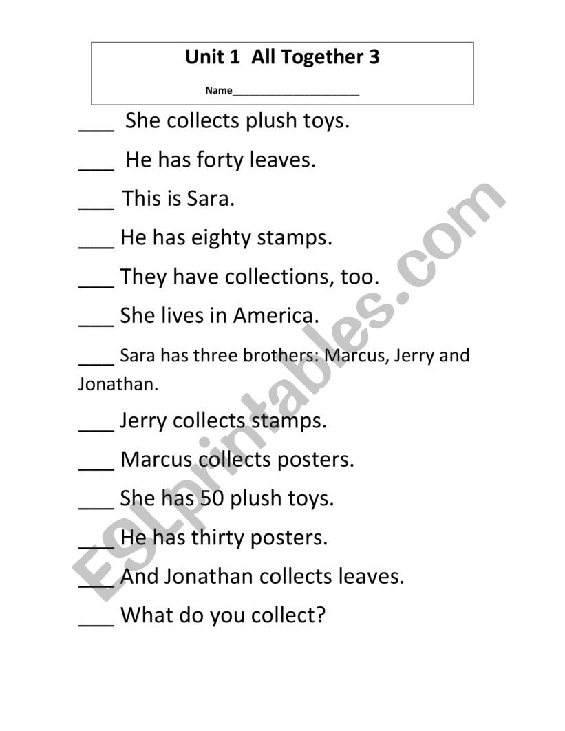 Reading Paragraph fill in sheet for All Together 3 Unit 1