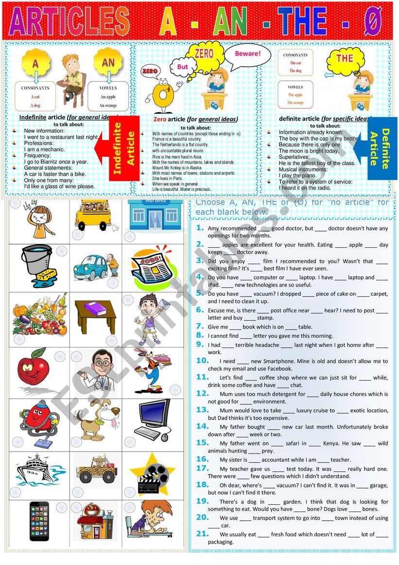 A An The Or Zero Article Basic Rules Practice Key Esl Worksheet By Karagozian
