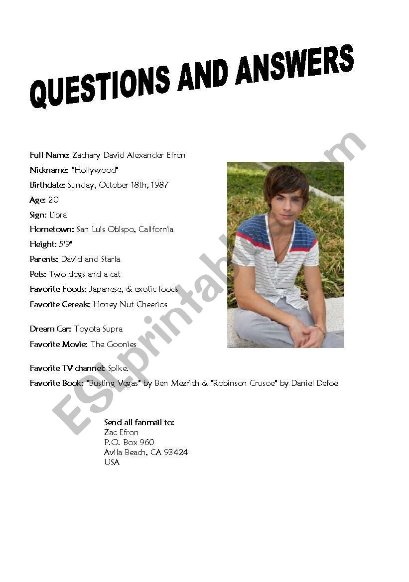 Zack Efron Interview  worksheet