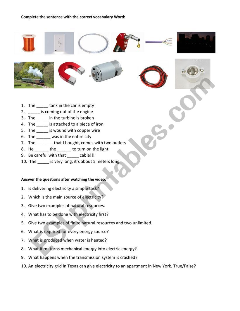 Electricity vocabulary activity 