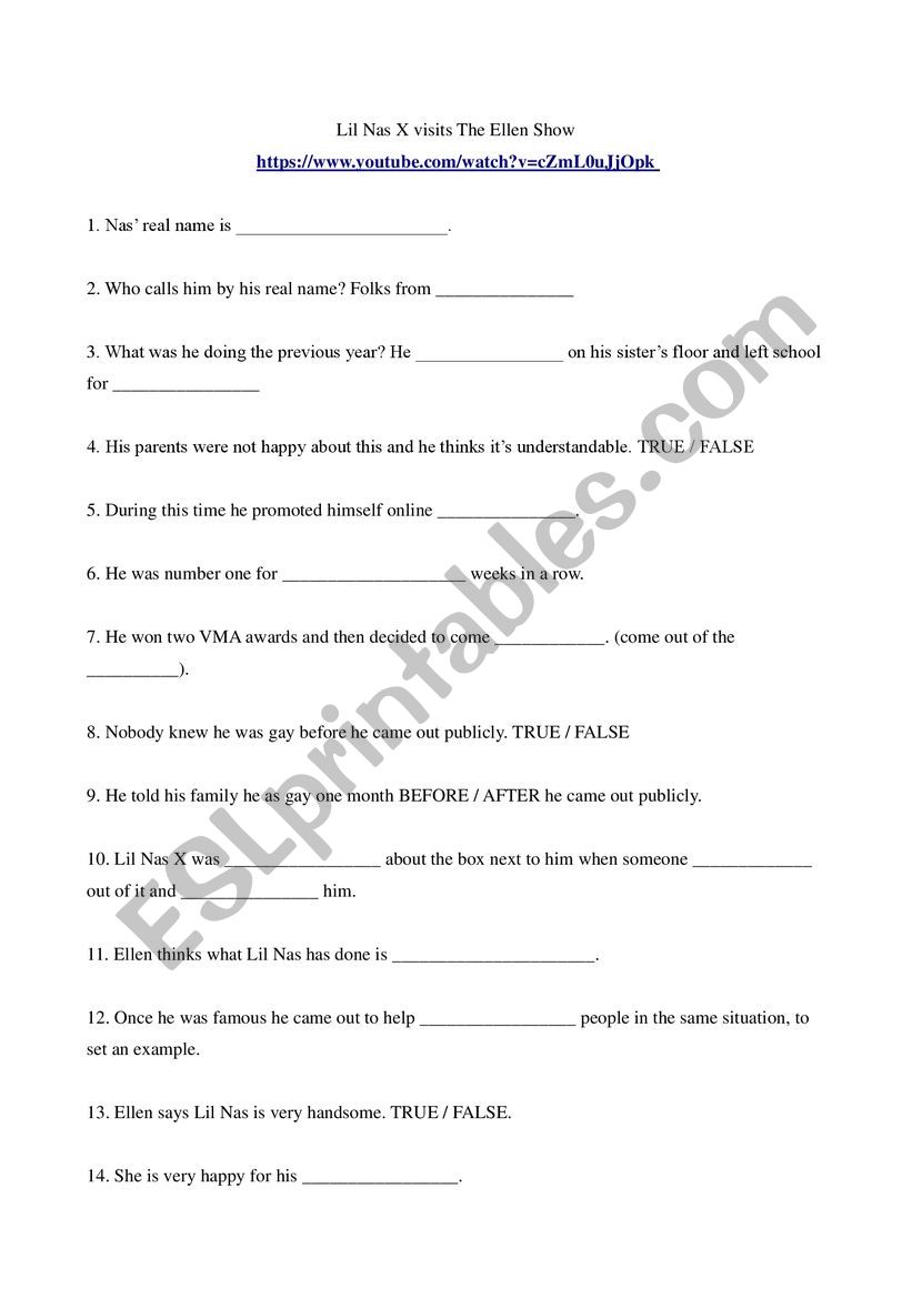 LISTENING LIL NAS X at EllenÂ´s show - ESL worksheet by megue
