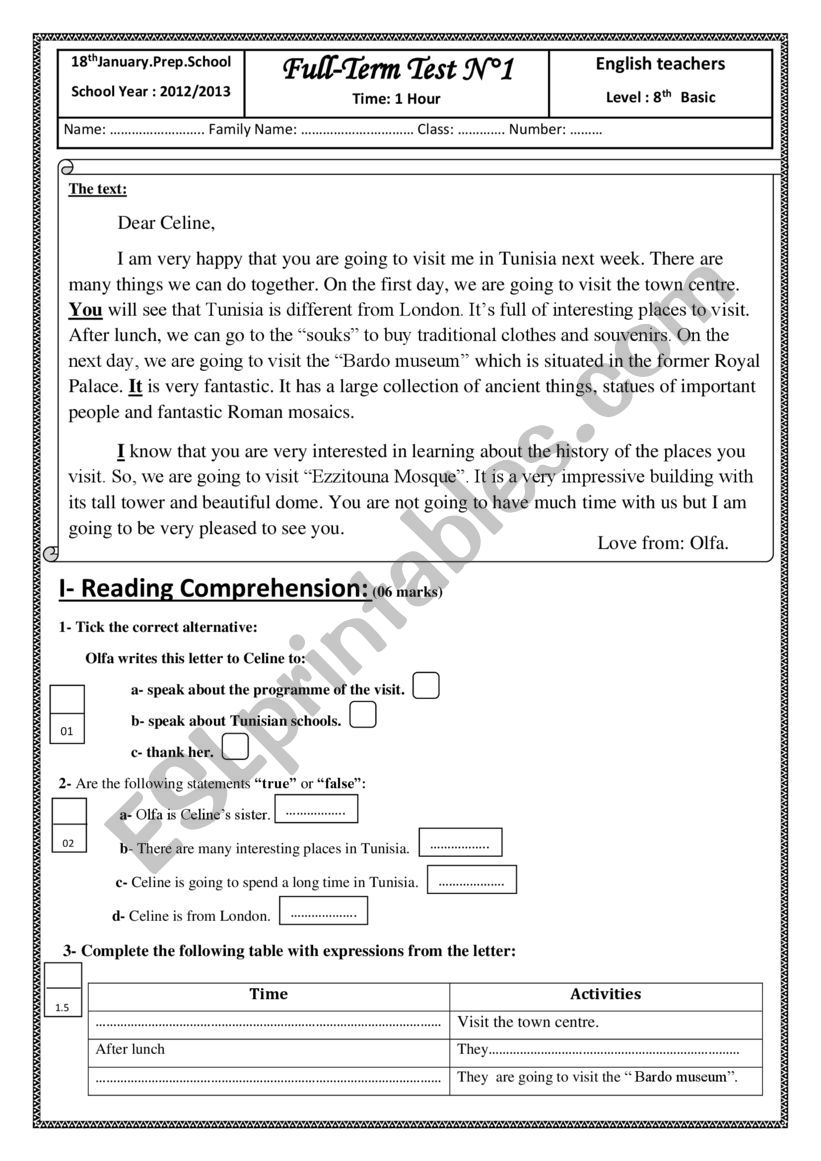 FULL TERM TEST1 -8th form worksheet
