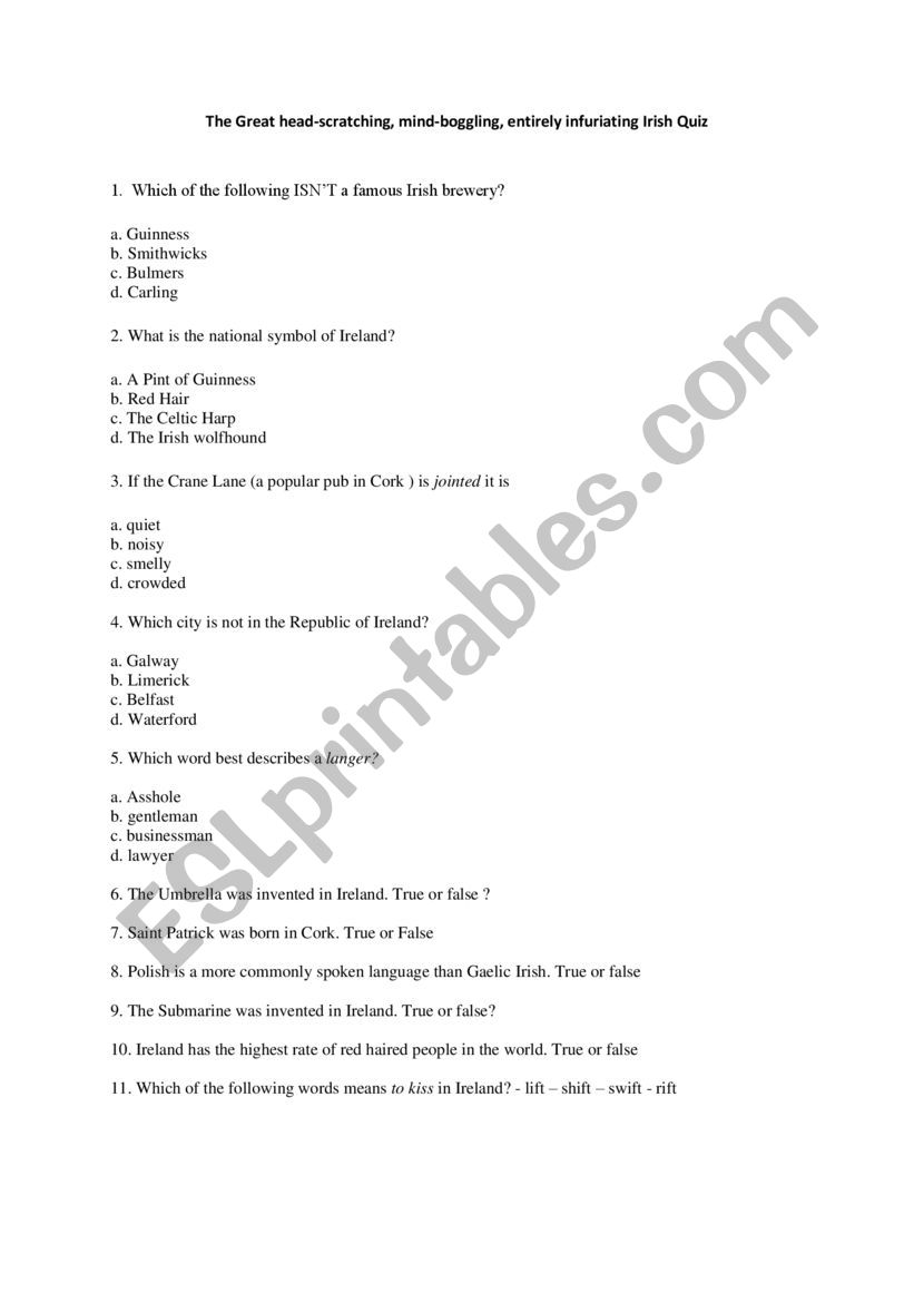 Irish Culture Quiz - Multiple Choice