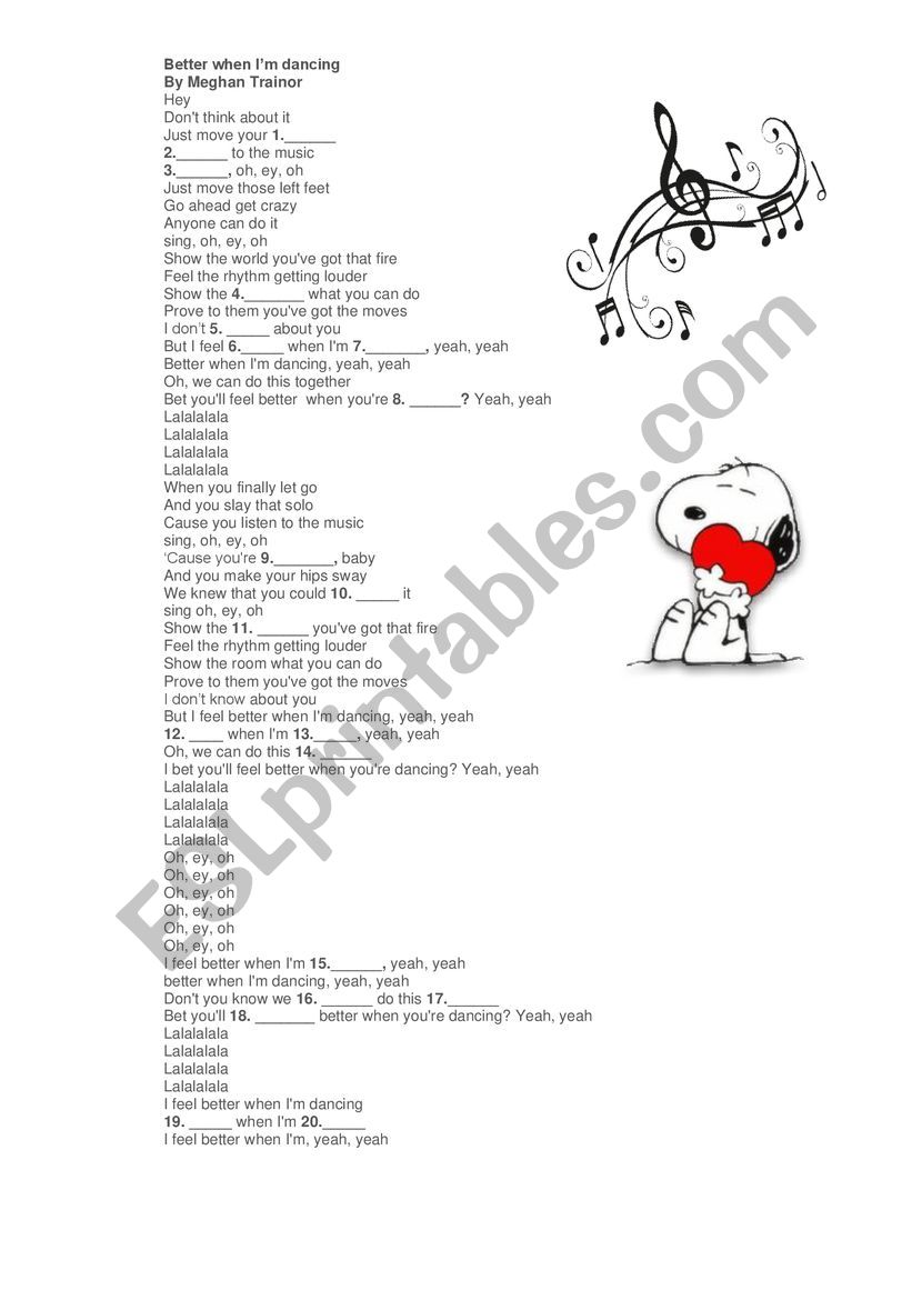 Better when I am dancing worksheet
