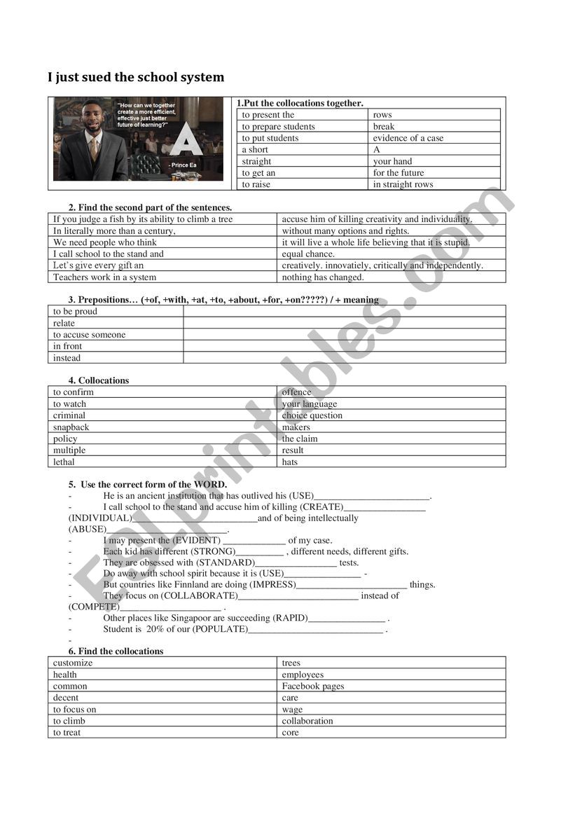 I sued the school system worksheet