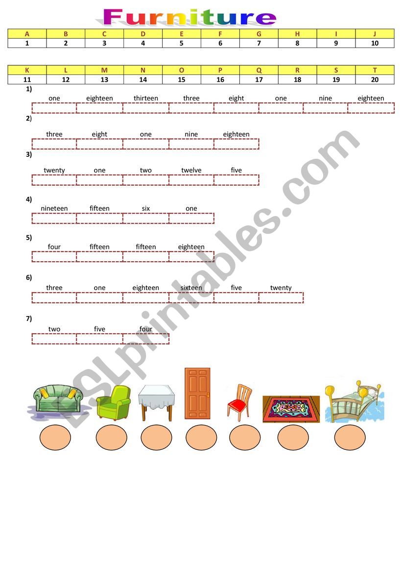 Furniture and numbers worksheet
