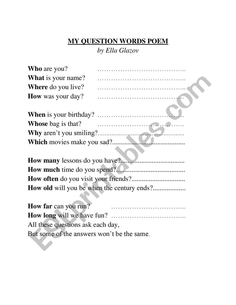 My Question Words Poem worksheet