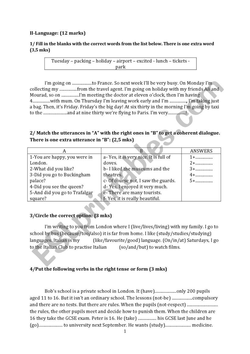 Language part 8th form test 1 worksheet