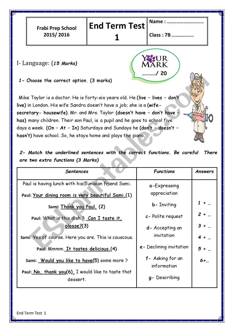 End of term test 1 7th form worksheet
