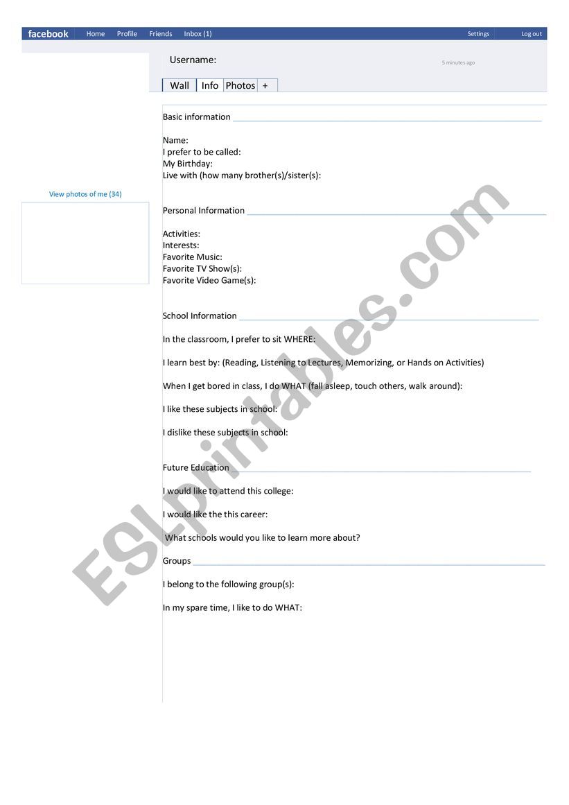 Facebook Intro worksheet