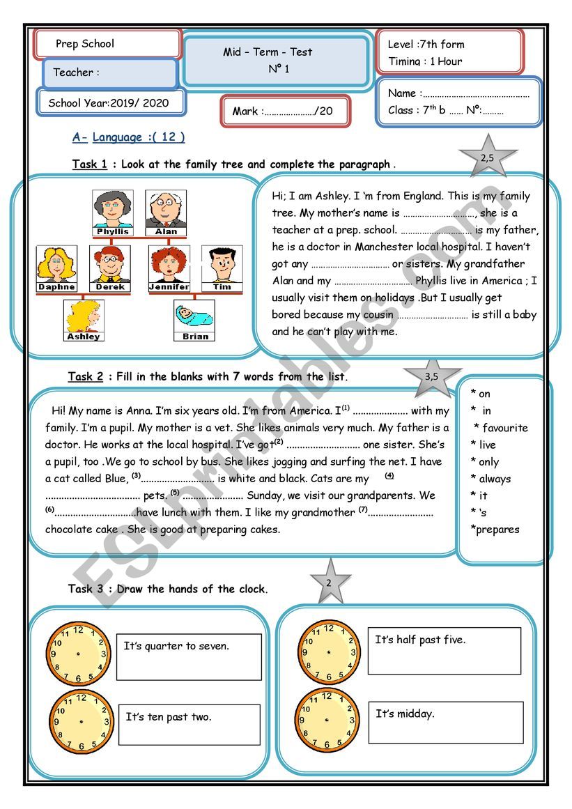 Mid-term test n°1 7th form worksheet