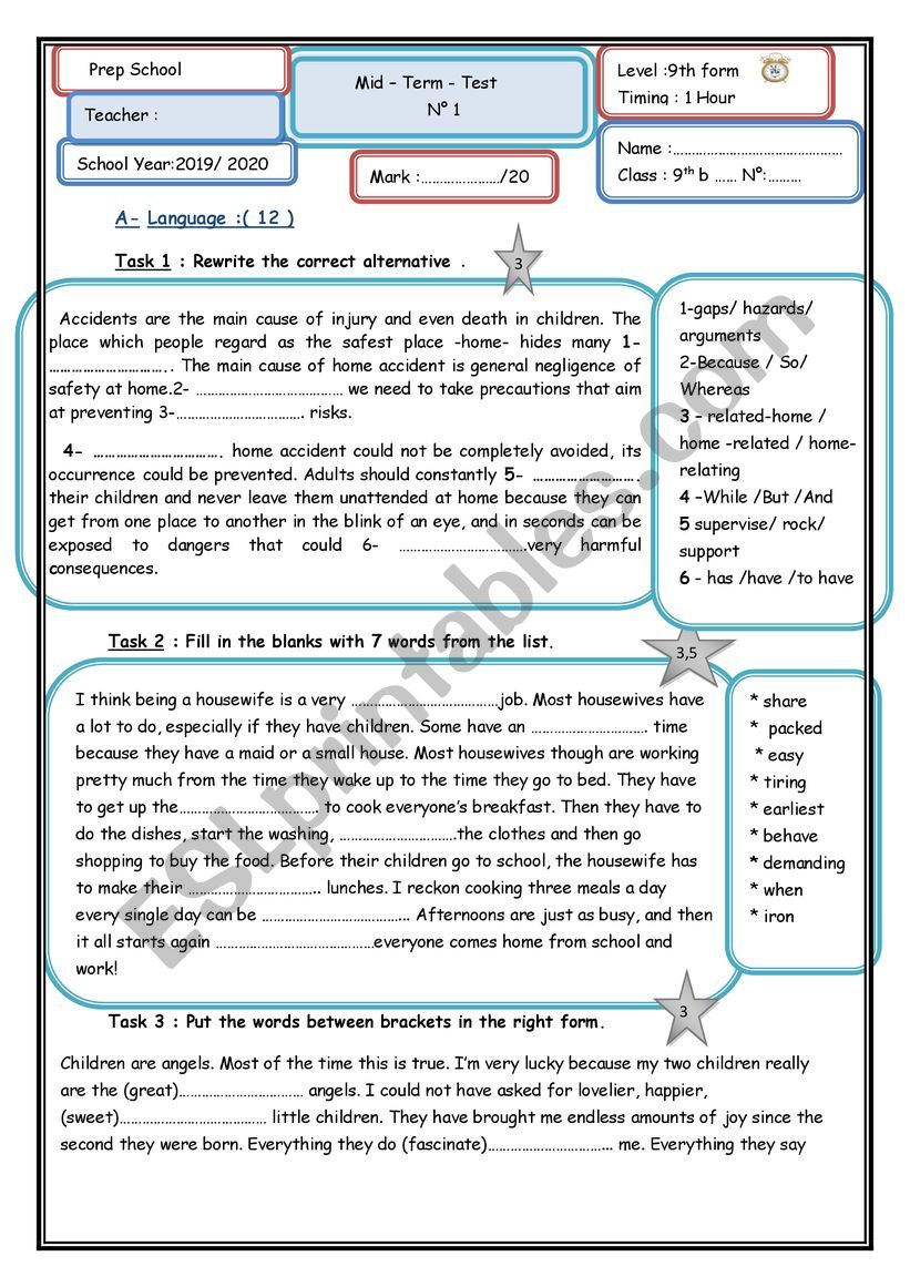 Mid-term test n1 9th form worksheet