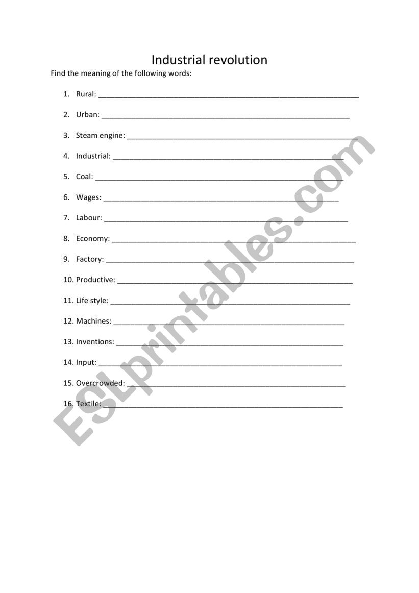 industrial revolution words worksheet