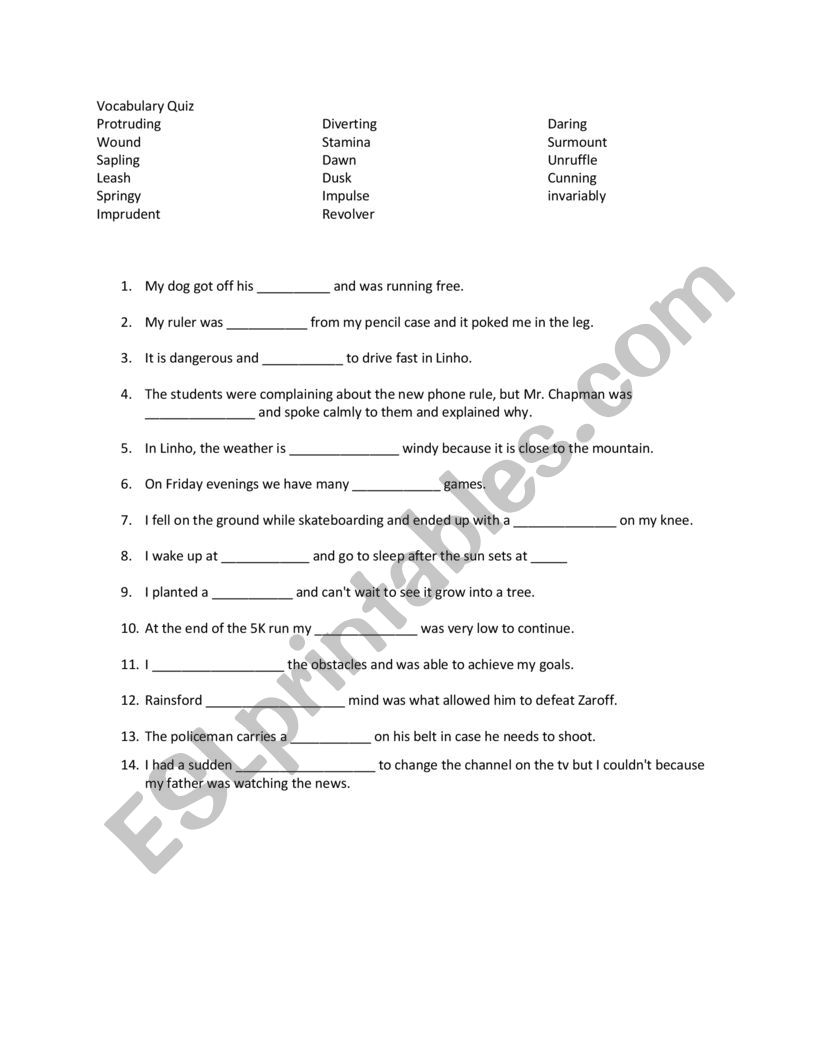 Most Dangerous Game Vocabulary Quiz - ESL worksheet by erika.chapman Intended For The Most Dangerous Game Worksheet
