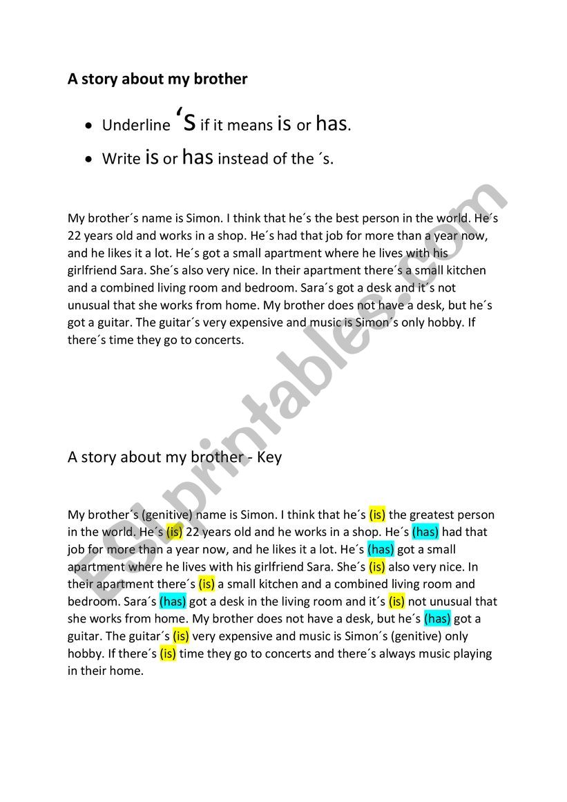 Grammar (Â´s) IS or HAS worksheet